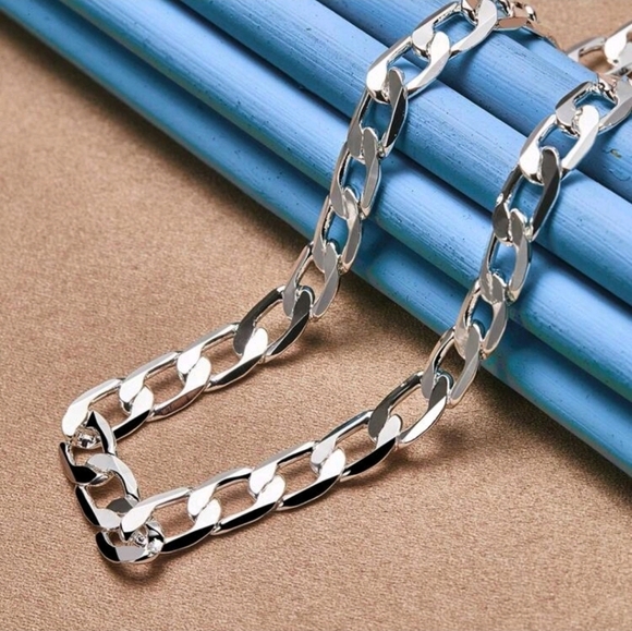 925 Silver 8mm Curb Flat Side Cubin Link Chain Necklace 18" - Picture 4 of 6